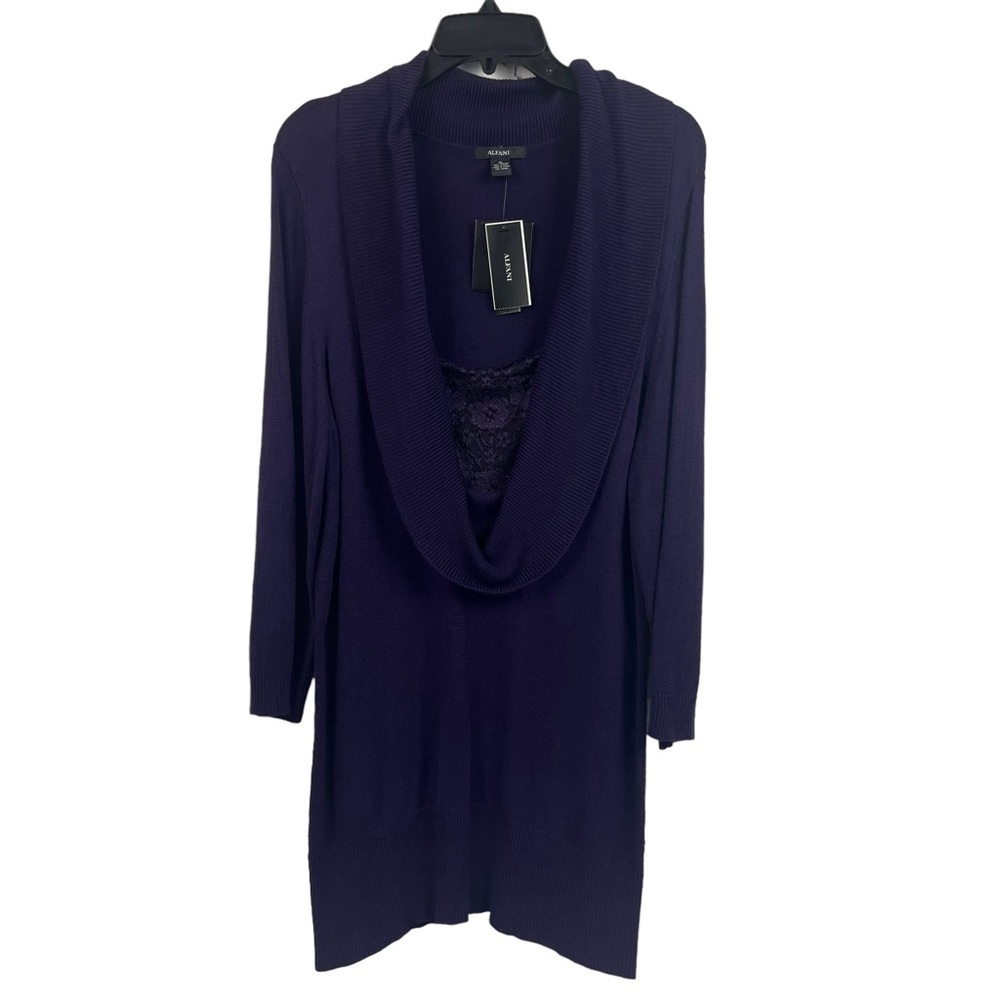 Alfani Womens Cowl Neck Tunic Sweater Pullover Lace Purple 3/4 Sleeve XL